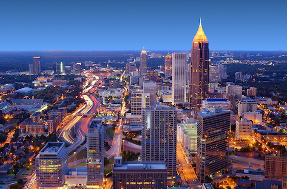 Downtown skyline view of Atlanta at night