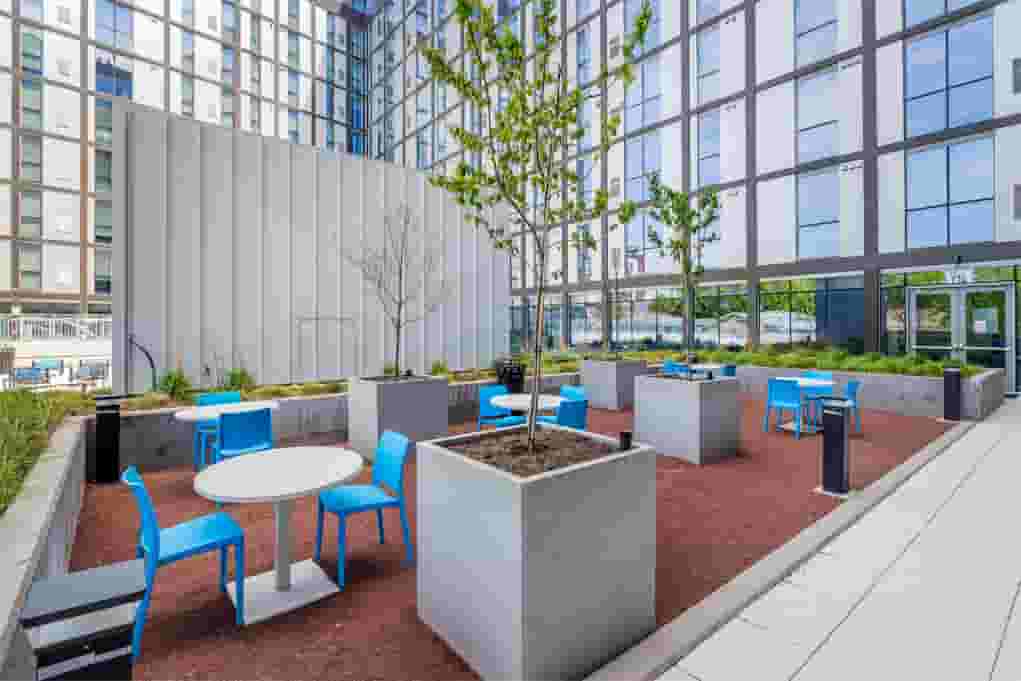 Outdoor 4-up study tables in the Study Courtyard