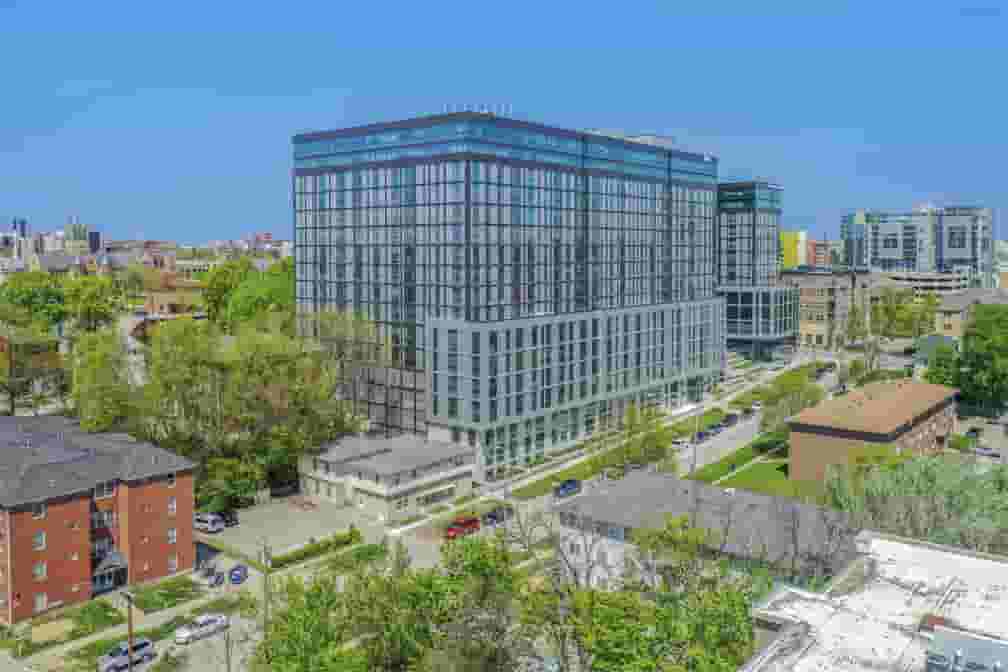 Southwest aerial view of Rise, including Hyatt Place hotel in background