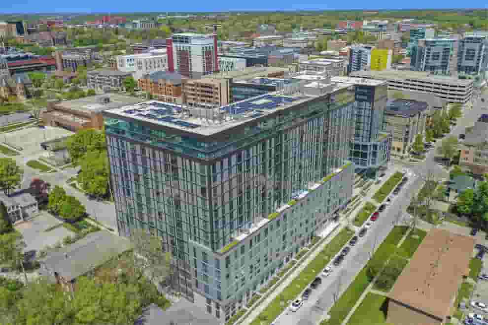 Aerial view of Rise, showing rooftop solar panels