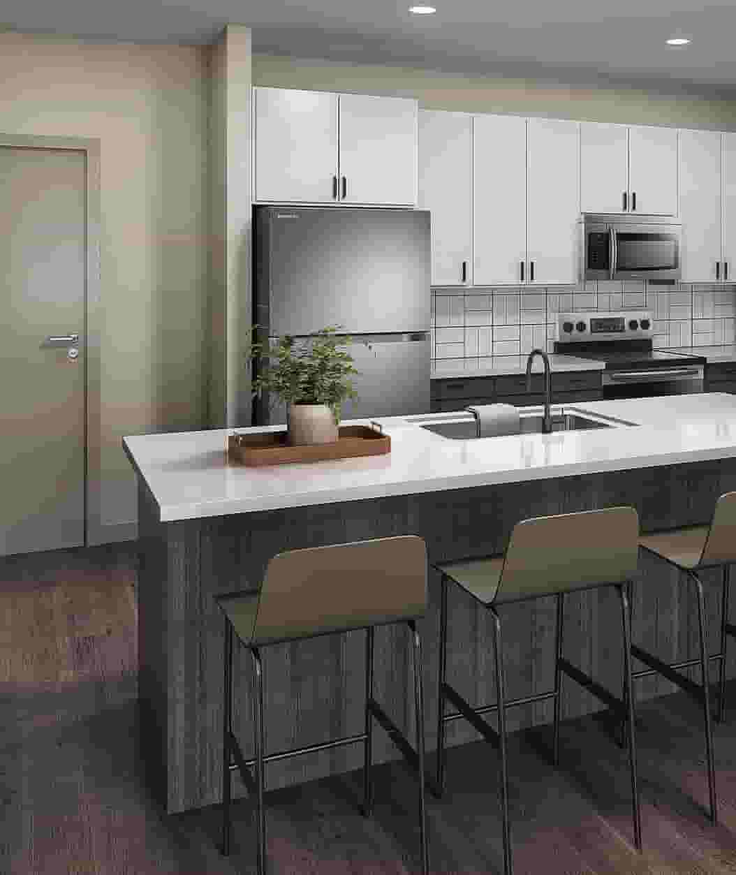 Student kitchen showing high-end quartz countertops and stainless steel appliances