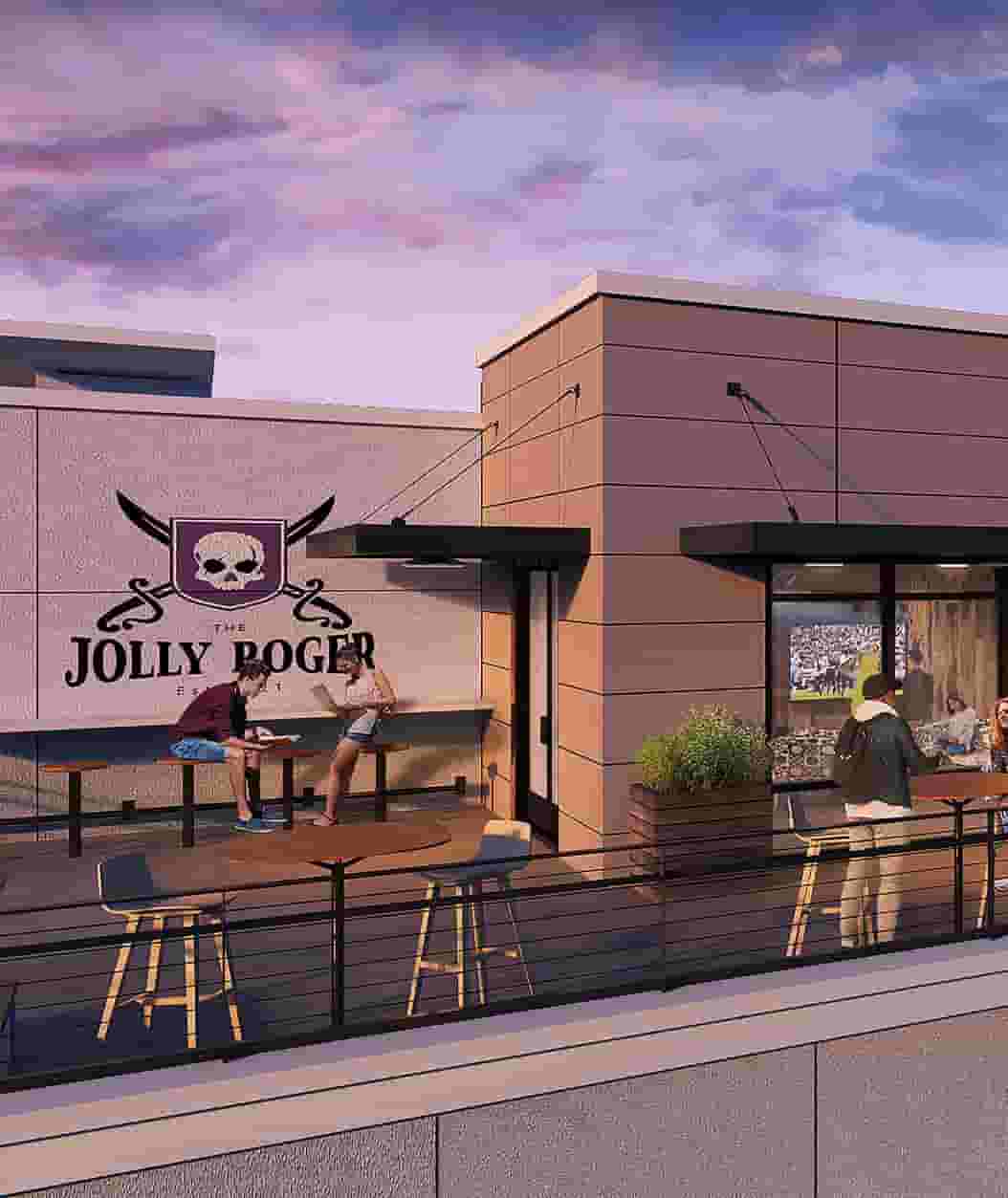 Residents enjoying the outdoor Sky Lounge at The Jolly Roger