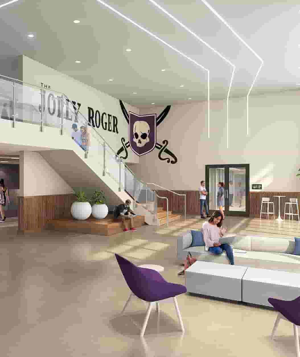 The lobby lounge at The Jolly Roger with residents lounging throughout